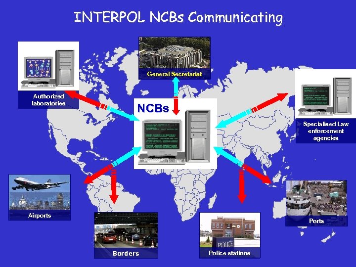 INTERPOL NCBs Communicating General Secretariat Authorized laboratories NCBs Specialised Law enforcement agencies Airports Ports