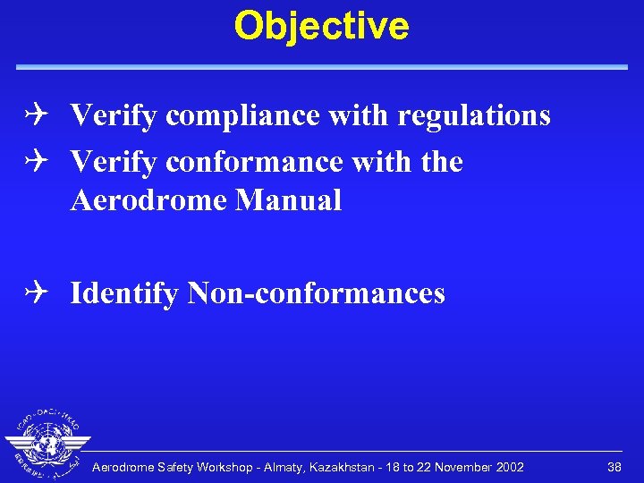 Objective Q Verify compliance with regulations Q Verify conformance with the Aerodrome Manual Q