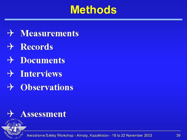 Methods Q Q Q Measurements Records Documents Interviews Observations Q Assessment Aerodrome Safety Workshop