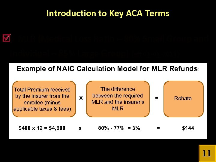 Introduction to Key ACA Terms MLR (Medical Loss Ratio – 80% Small Group and
