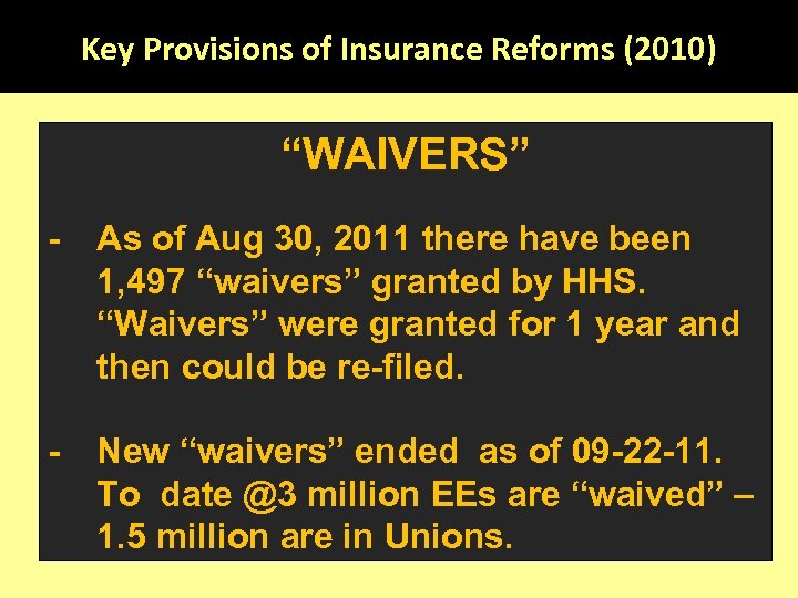 Key Provisions of Insurance Reforms (2010) “WAIVERS” - As of Aug 30, 2011 there