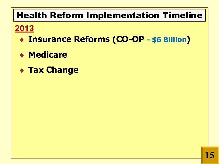 Health Reform Implementation Timeline 2013 Insurance Reforms (CO-OP - $6 Billion) Medicare Tax Change