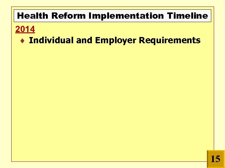 Health Reform Implementation Timeline 2014 Individual and Employer Requirements 15 