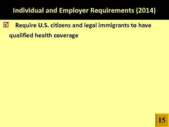 Individual and Employer Requirements (2014) Require U. S. citizens and legal immigrants to have