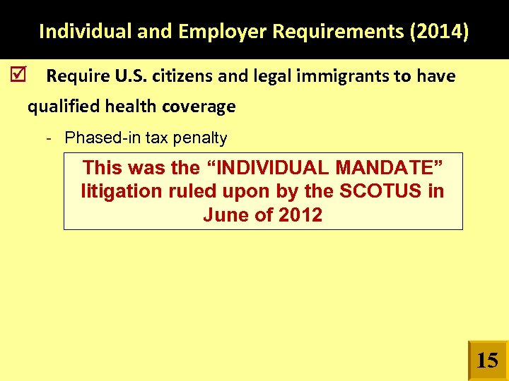 Individual and Employer Requirements (2014) Require U. S. citizens and legal immigrants to have