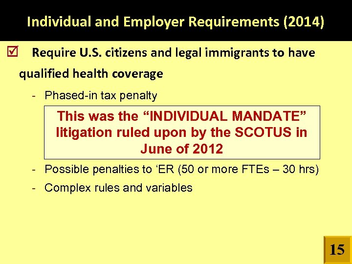 Individual and Employer Requirements (2014) Require U. S. citizens and legal immigrants to have