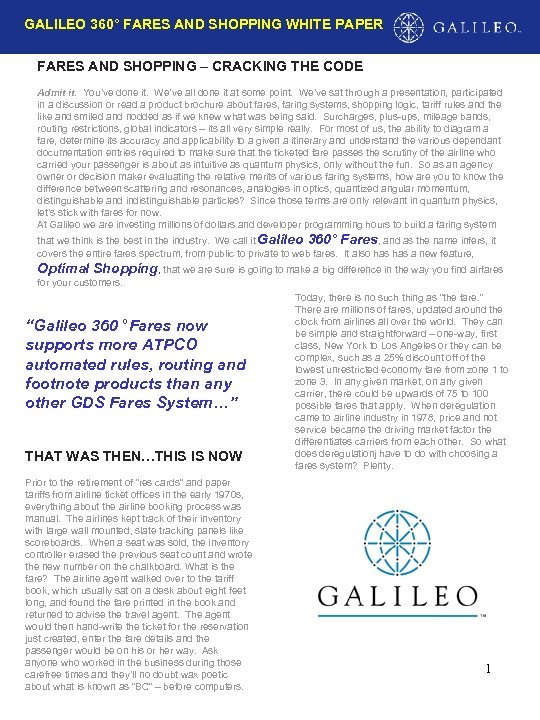 GALILEO 360° FARES AND SHOPPING WHITE PAPER FARES AND SHOPPING –SHOPPING WHITE PAPER GALILEO
