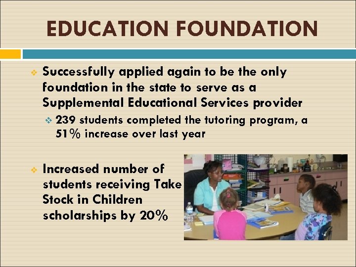 EDUCATION FOUNDATION v Successfully applied again to be the only foundation in the state