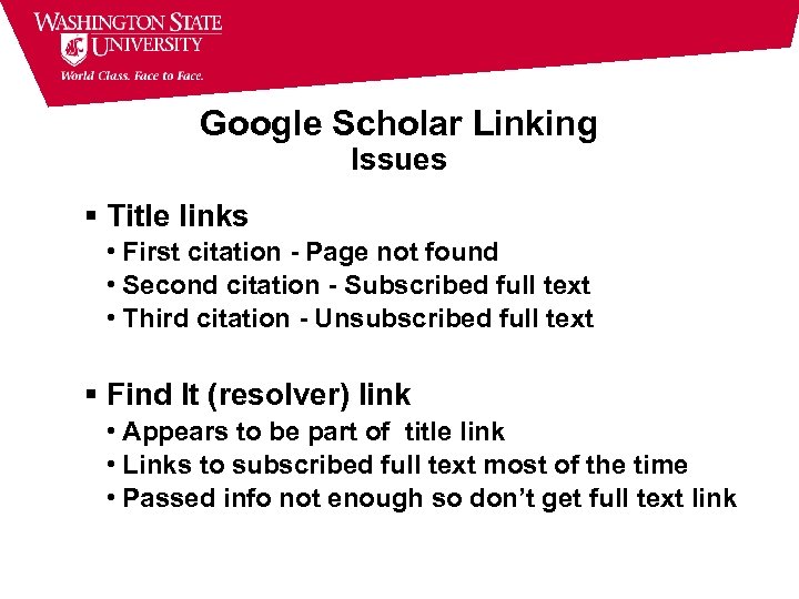 Google Scholar Linking Issues Title links • First citation - Page not found •