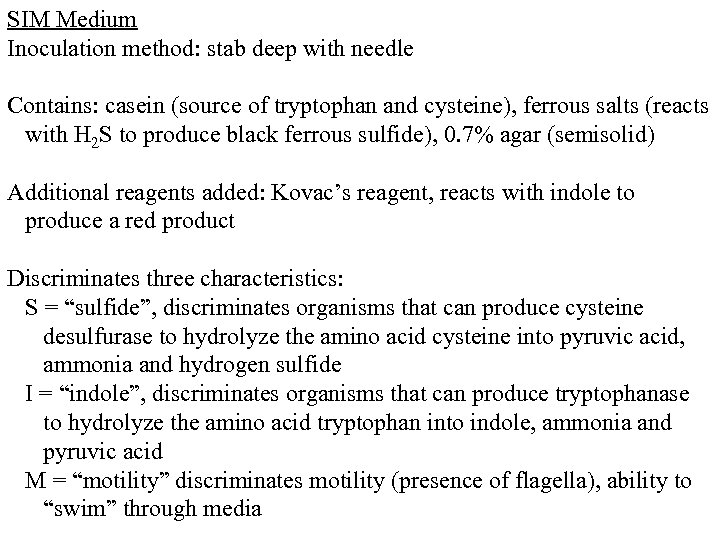 SIM Medium Inoculation method: stab deep with needle Contains: casein (source of tryptophan and