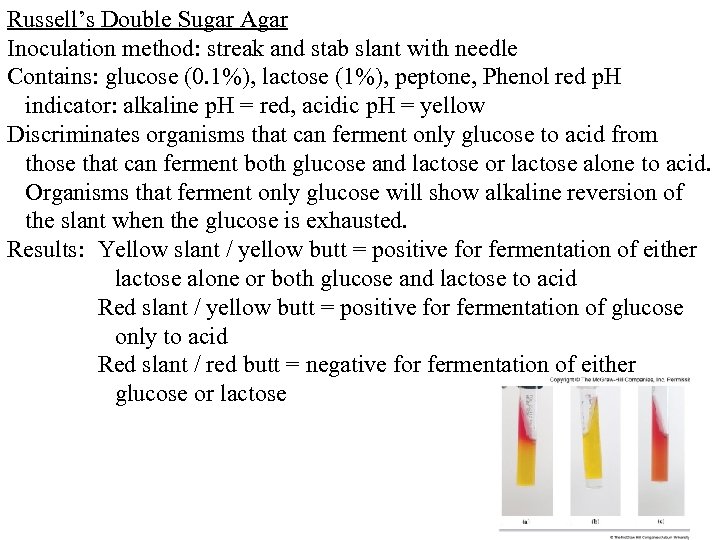 Russell’s Double Sugar Agar Inoculation method: streak and stab slant with needle Contains: glucose