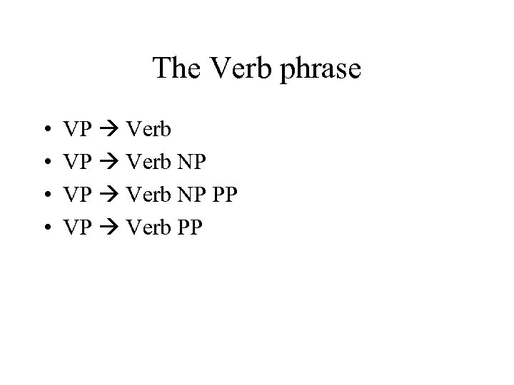 The Verb phrase • • VP Verb NP PP VP Verb PP 