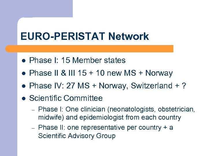 EURO-PERISTAT Network l Phase I: 15 Member states l Phase II & III 15
