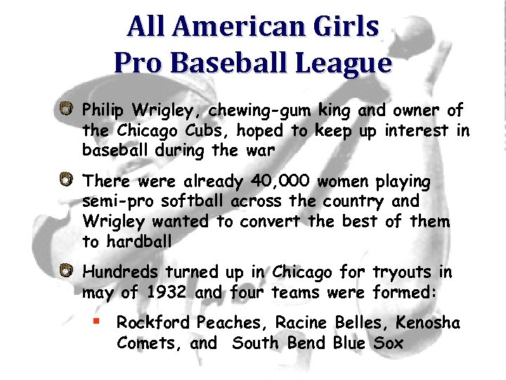 All American Girls Pro Baseball League Philip Wrigley, chewing-gum king and owner of the