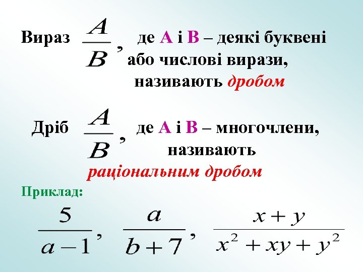 Вираз Дріб Приклад: де A і B – деякі буквені або числові вирази, називають