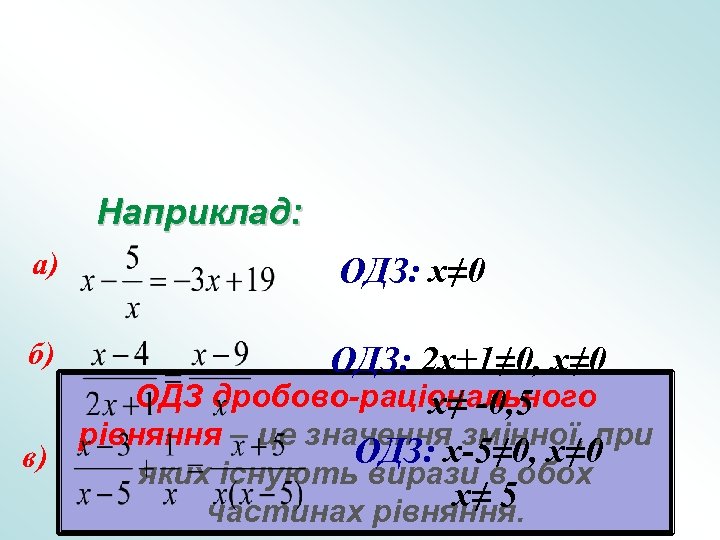 Наприклад: а) б) ОДЗ: x≠ 0 ОДЗ: 2 x+1≠ 0, x≠ 0 ОДЗ дробово-раціонального