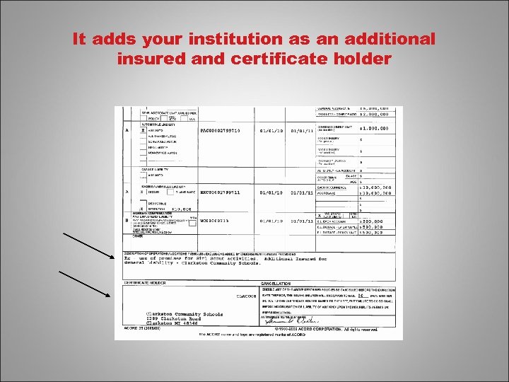 It adds your institution as an additional insured and certificate holder 