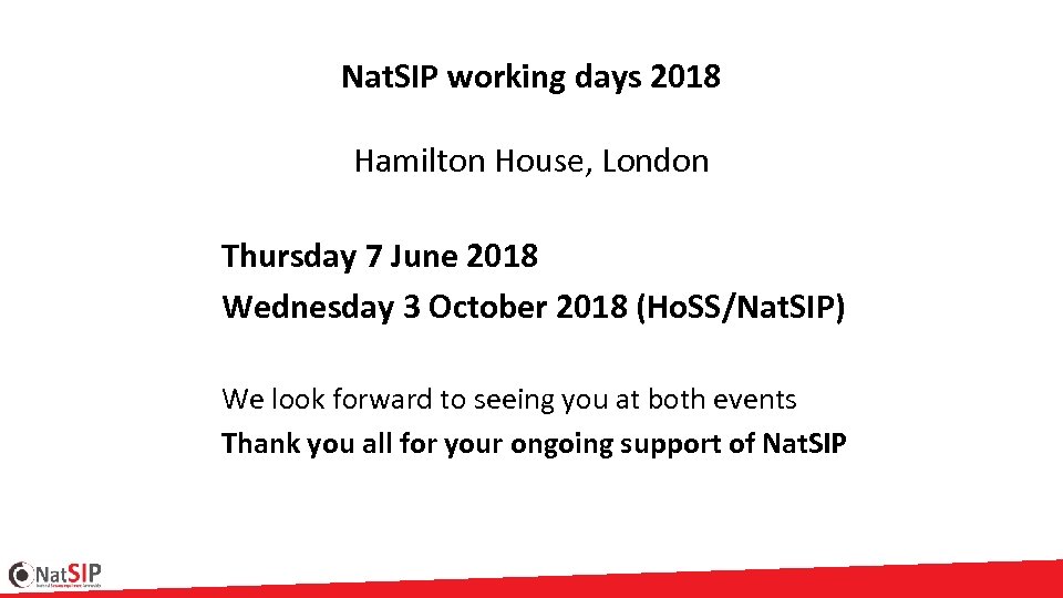 Nat. SIP working days 2018 Hamilton House, London Thursday 7 June 2018 Wednesday 3