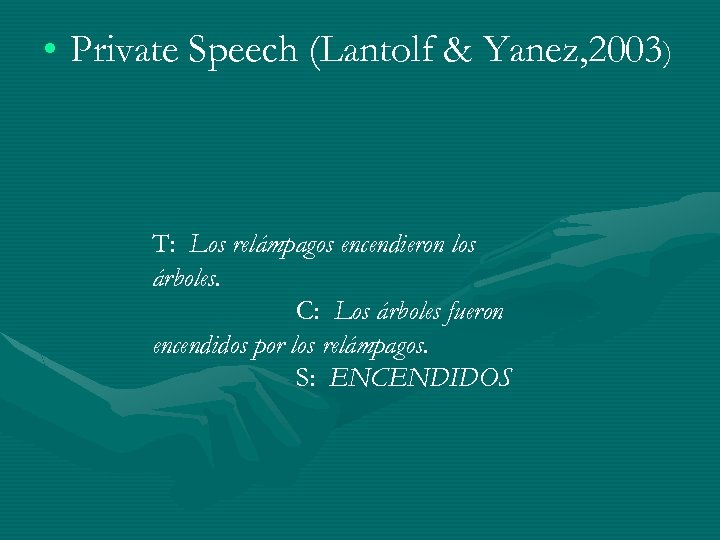  • Private Speech (Lantolf & Yanez, 2003) T: Los relámpagos encendieron los árboles.