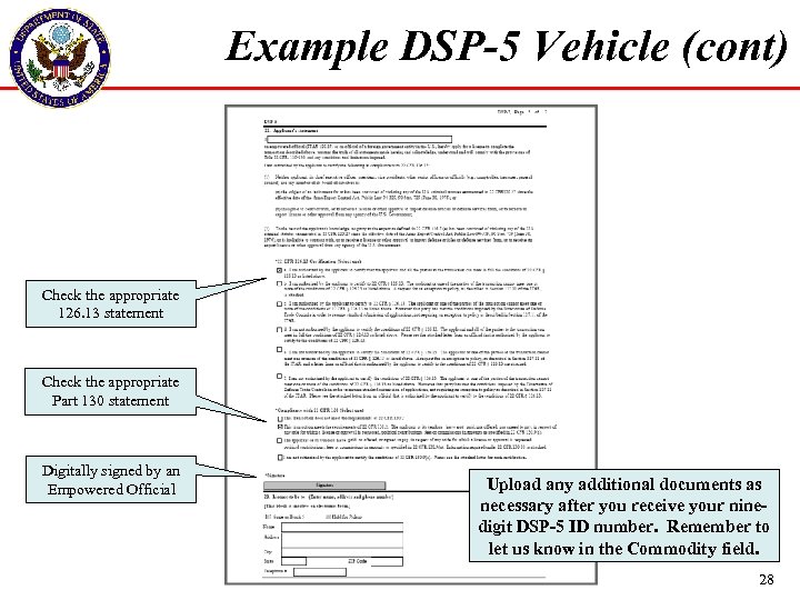 Example DSP-5 Vehicle (cont) Almost Done! Check the appropriate 126. 13 statement Check the