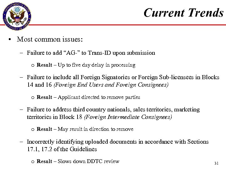 Current Trends • Most common issues: – Failure to add “AG-” to Trans-ID upon