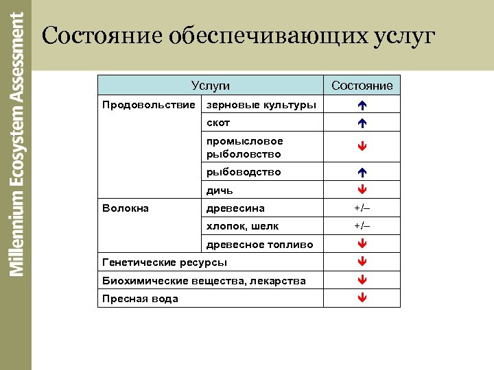 Состояние обеспечивающих услуг Услуги Состояние Продовольствие зерновые культуры скот промысловое рыболовство рыбоводство дичь древесина