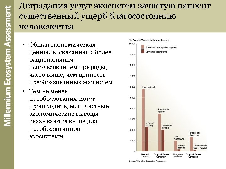 Деградация услуг экосистем зачастую наносит существенный ущерб благосостоянию человечества § Общая экономическая ценность, связанная