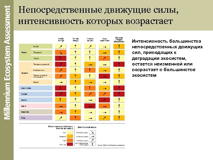 Непосредственные движущие силы, интенсивность которых возрастает Интенсивность большинства непосредственных движущих сил, приводящих к деградации