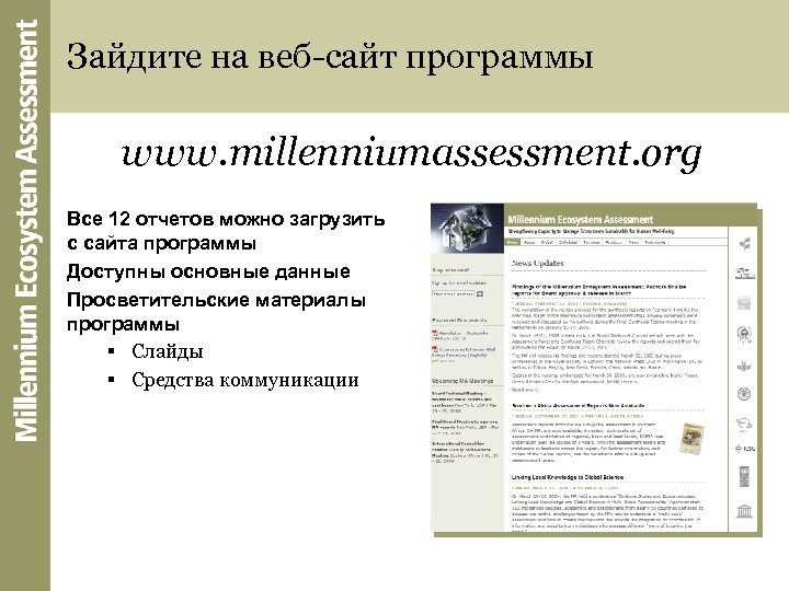 Зайдите на веб-сайт программы www. millenniumassessment. org Все 12 отчетов можно загрузить с сайта