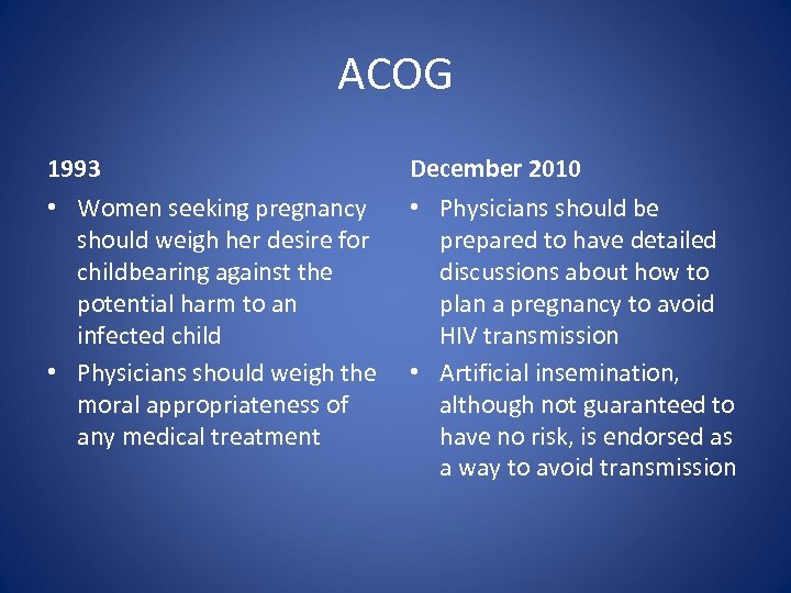 ACOG 1993 December 2010 • Women seeking pregnancy should weigh her desire for childbearing