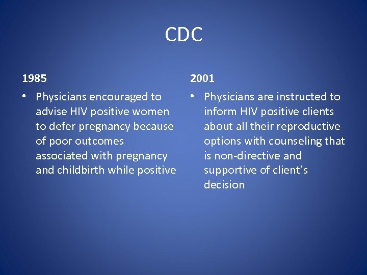 CDC 1985 2001 • Physicians encouraged to advise HIV positive women to defer pregnancy