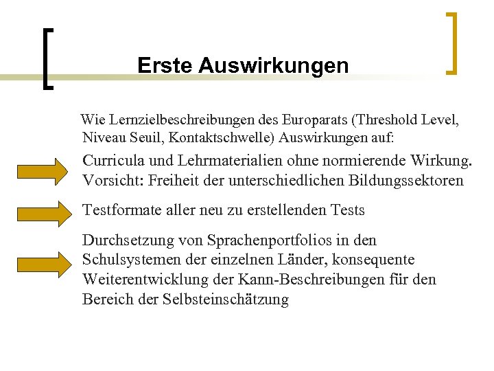 Erste Auswirkungen Wie Lernzielbeschreibungen des Europarats (Threshold Level, Niveau Seuil, Kontaktschwelle) Auswirkungen auf: Curricula