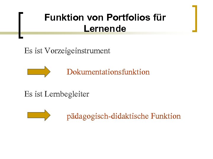 Funktion von Portfolios für Lernende Es ist Vorzeigeinstrument Dokumentationsfunktion Es ist Lernbegleiter pädagogisch-didaktische Funktion
