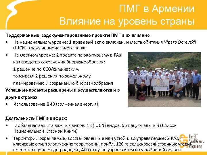 ПМГ в Армении Влияние на уровень страны Поддержанные, задокументированные проекты ПМГ и их влияние: