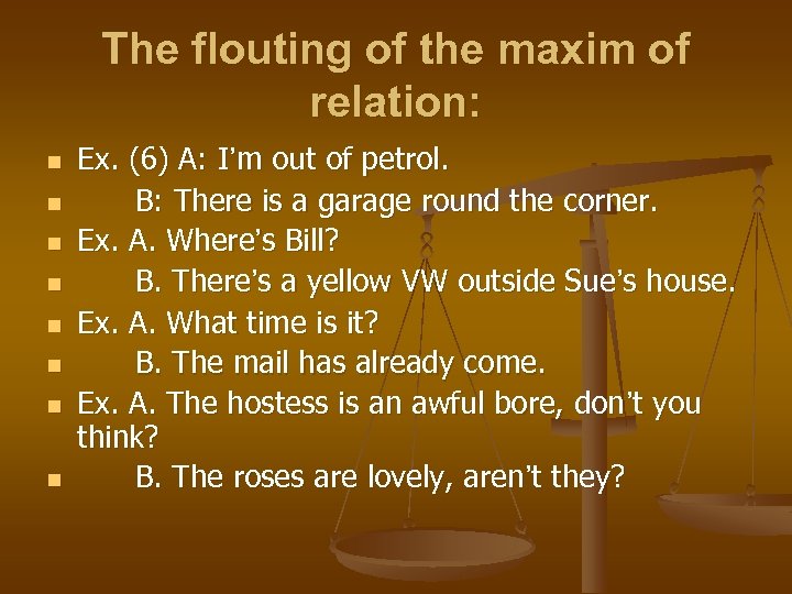 The flouting of the maxim of relation: n n n n Ex. (6) A: