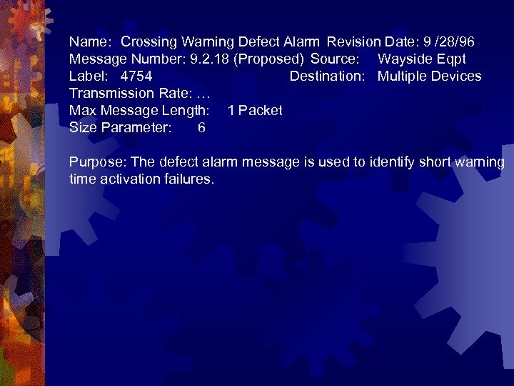 Name: Crossing Warning Defect Alarm Revision Date: 9 /28/96 Message Number: 9. 2. 18