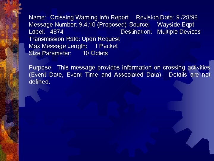 Name: Crossing Warning Info Report Revision Date: 9 /28/96 Message Number: 9. 4. 10