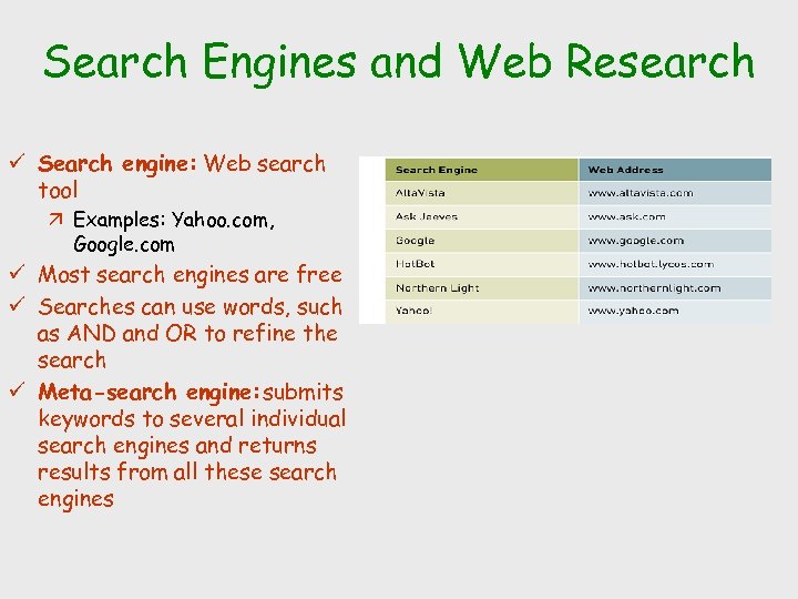 Search Engines and Web Research ü Search engine: Web search tool ä Examples: Yahoo.