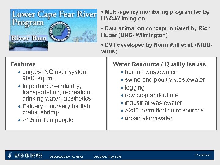  • Multi-agency monitoring program led by UNC-Wilmington • Data animation concept initiated by
