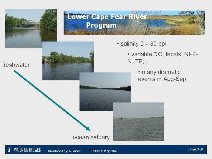  • salinity 0 – 30 ppt • variable DO, fecals, NH 4 N,