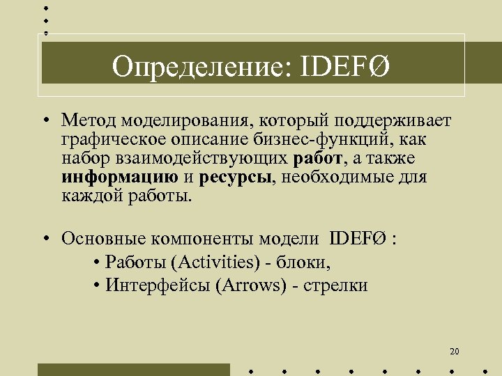 Определение: IDEFØ • Метод моделирования, который поддерживает графическое описание бизнес-функций, как набор взаимодействующих работ,