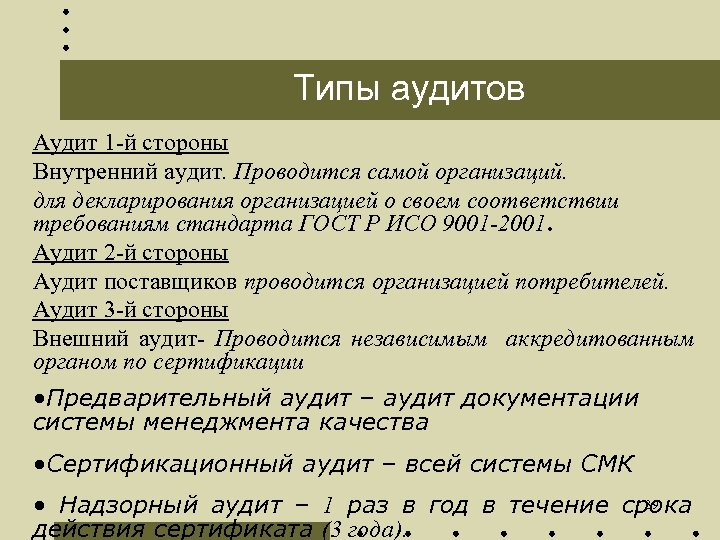 Типы аудитов Аудит 1 -й стороны Внутренний аудит. Проводится самой организаций. для декларирования организацией