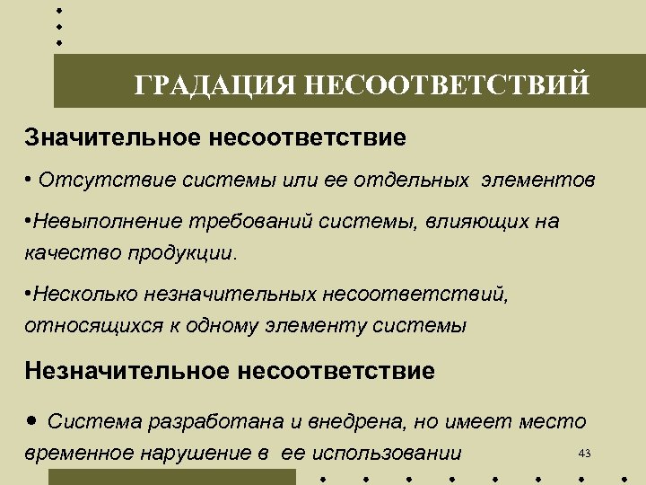 ГРАДАЦИЯ НЕСООТВЕТСТВИЙ Значительное несоответствие • Отсутствие системы или ее отдельных элементов • Невыполнение требований