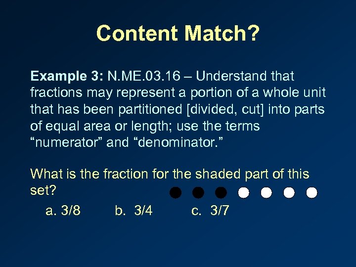 Content Match? Example 3: N. ME. 03. 16 – Understand that fractions may represent