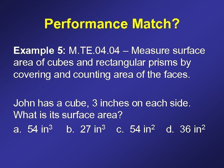 Performance Match? Example 5: M. TE. 04 – Measure surface area of cubes and