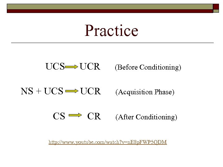 Practice UCS UCR (Before Conditioning) NS + UCS UCR (Acquisition Phase) CS CR (After