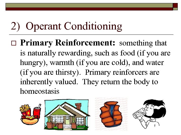 2) Operant Conditioning Primary Reinforcement: something that is naturally rewarding, such as food (if