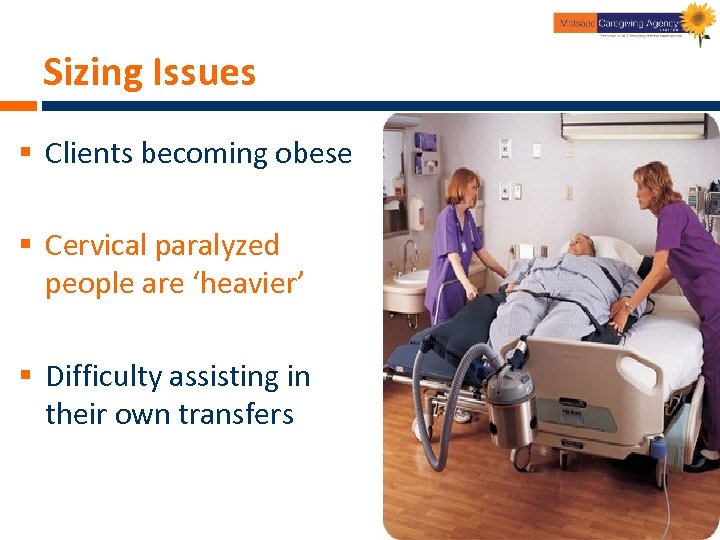 Sizing Issues § Clients becoming obese § Cervical paralyzed people are ‘heavier’ § Difficulty