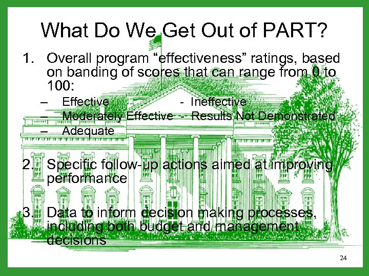 What Do We Get Out of PART? 1. Overall program “effectiveness” ratings, based on