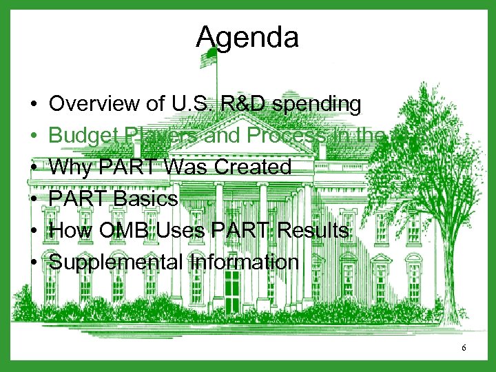 Agenda • • • Overview of U. S. R&D spending Budget Players and Process